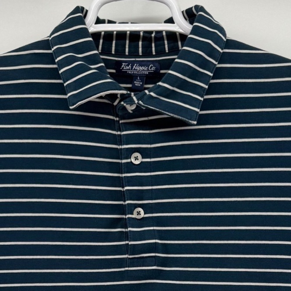 Fish Hippie Co Mens Navy Blue White Striped Pima Cotton Stretch Polo Shirt L